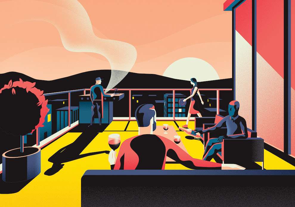 Jack Daly, Digital illustration of people relaxing on a rooftop terrace having a BBQ.